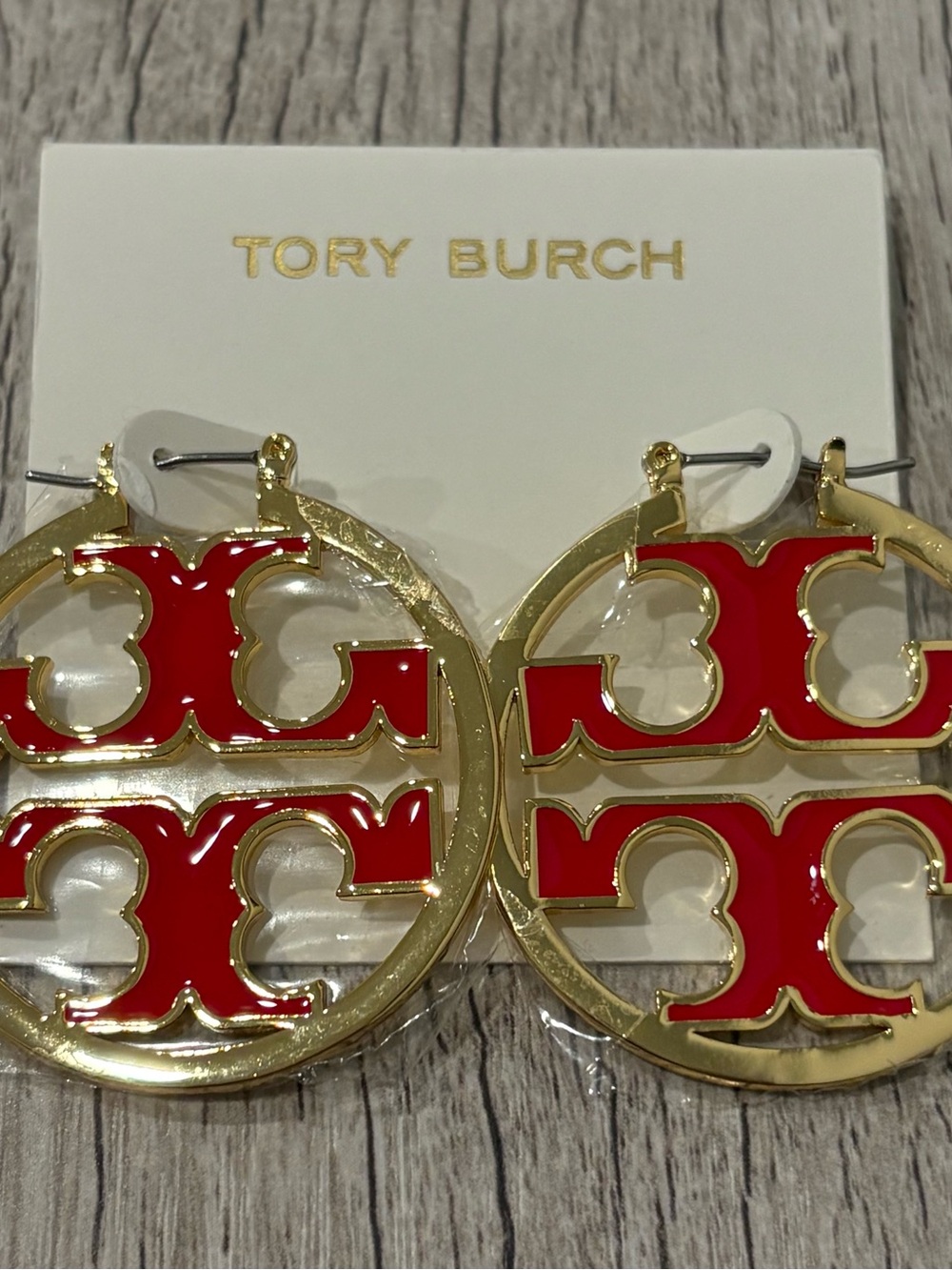 Tory Burch Gold-Tone Hoops with Red Enamel Logo